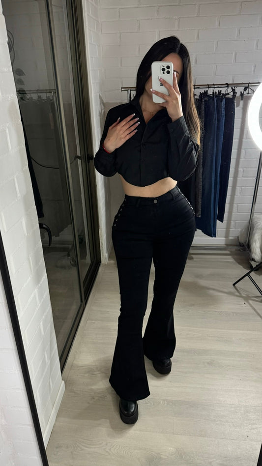 JEANS FLARE SIRENA TRENZADO BLACK